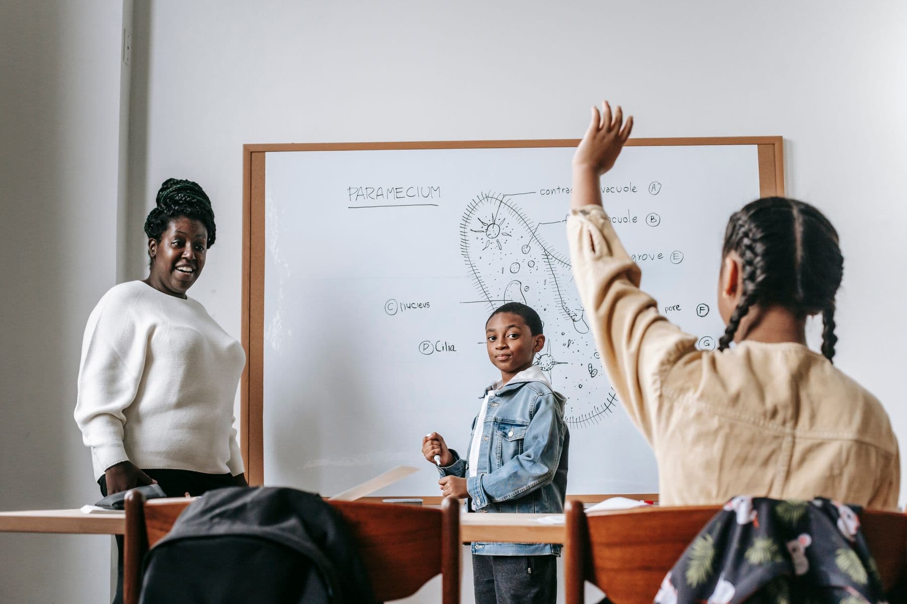 A teacher leading students in a modern classroom